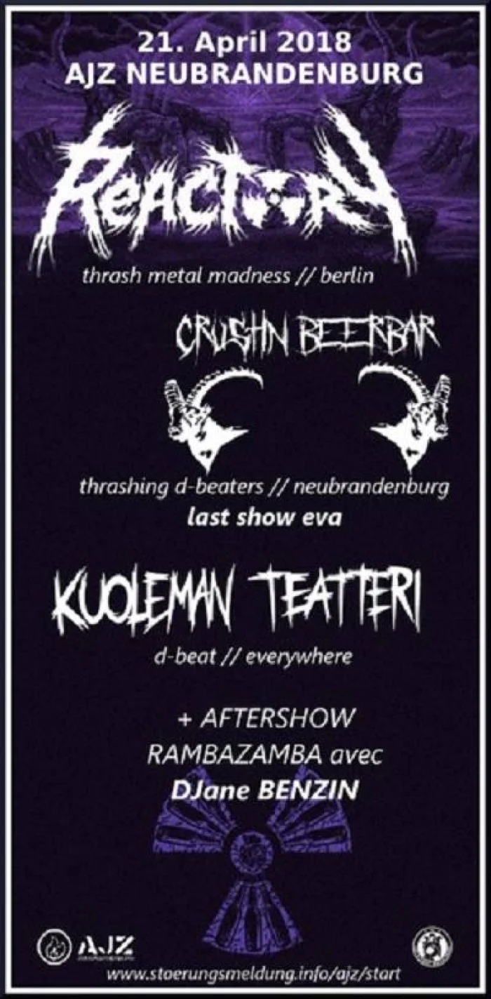 Flyer: REACTORY + CRUSTIN BEERBAR + KUOLEMAN TEATTERI