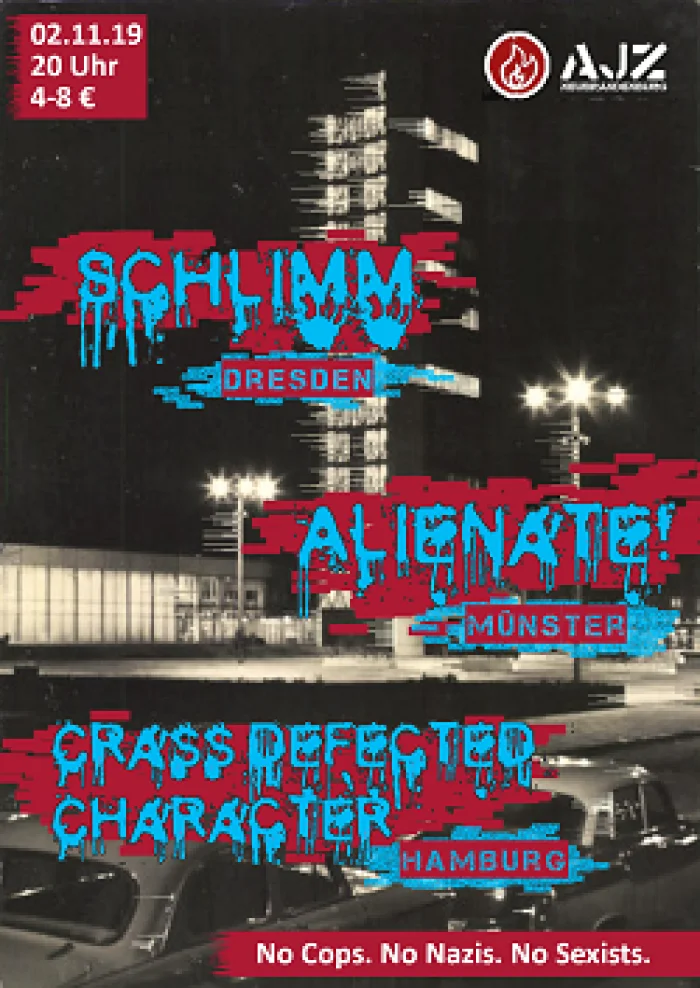 Flyer: CRASS DEFECTED CHARACTER + SCHLIMM + ALIENATE