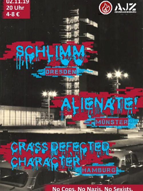 Flyer: CRASS DEFECTED CHARACTER + SCHLIMM + ALIENATE